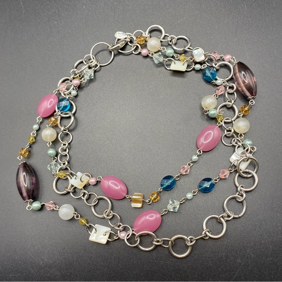 COOKIE LEE Acrylic Beads & Natural Seashells Long Necklace Silvertone - Picture 9 of 9